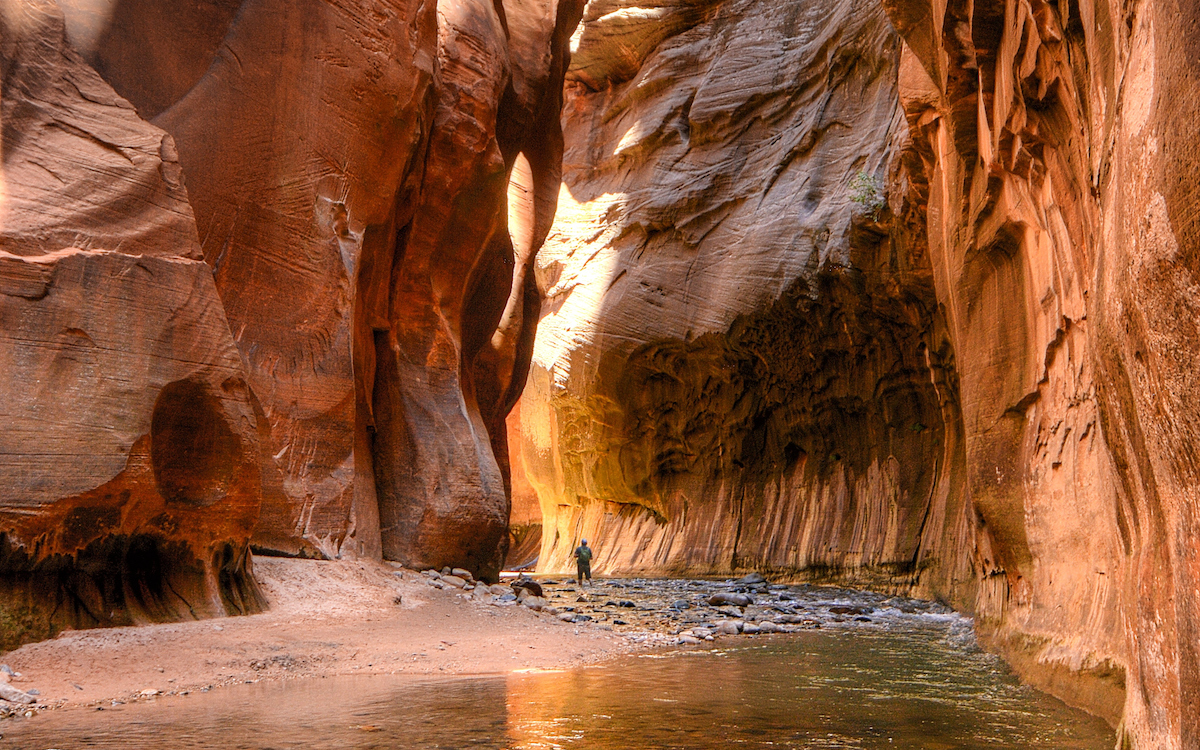 The Narrows of the Virgin River in Zion National Park, surrounded by red rocks