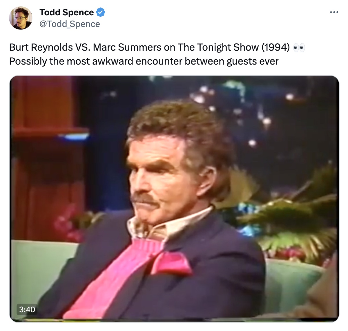 Todd Spence's tweet about Marc Summers and Burt Reynolds on The Tonight Show