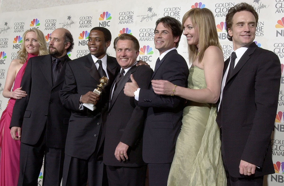 Janel Moloney, Richard Schiff, Dule Hill, Martin Sheen, Rob Lowe, Allison Janney, and Bradley Whitford at the 2001 Golden Globes