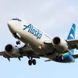 An Alaska Airlines plane coming in for a landing