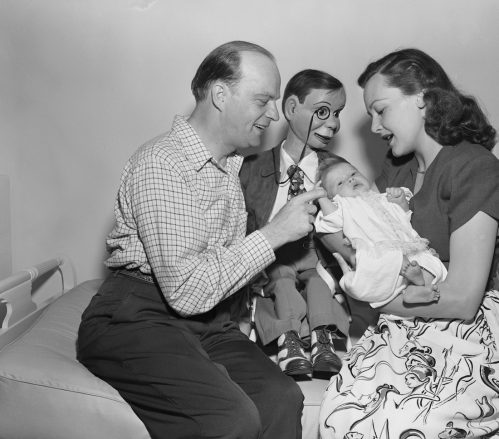 Edgar Bergen and Frances Bergen with baby Candice Bergen along with Charlie McCarthy in 1946