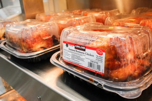 A view of several Kirkland Signature rotisserie chicken packages, on display at a local Costco store.