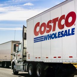 A pair of Costco trucks on the highway