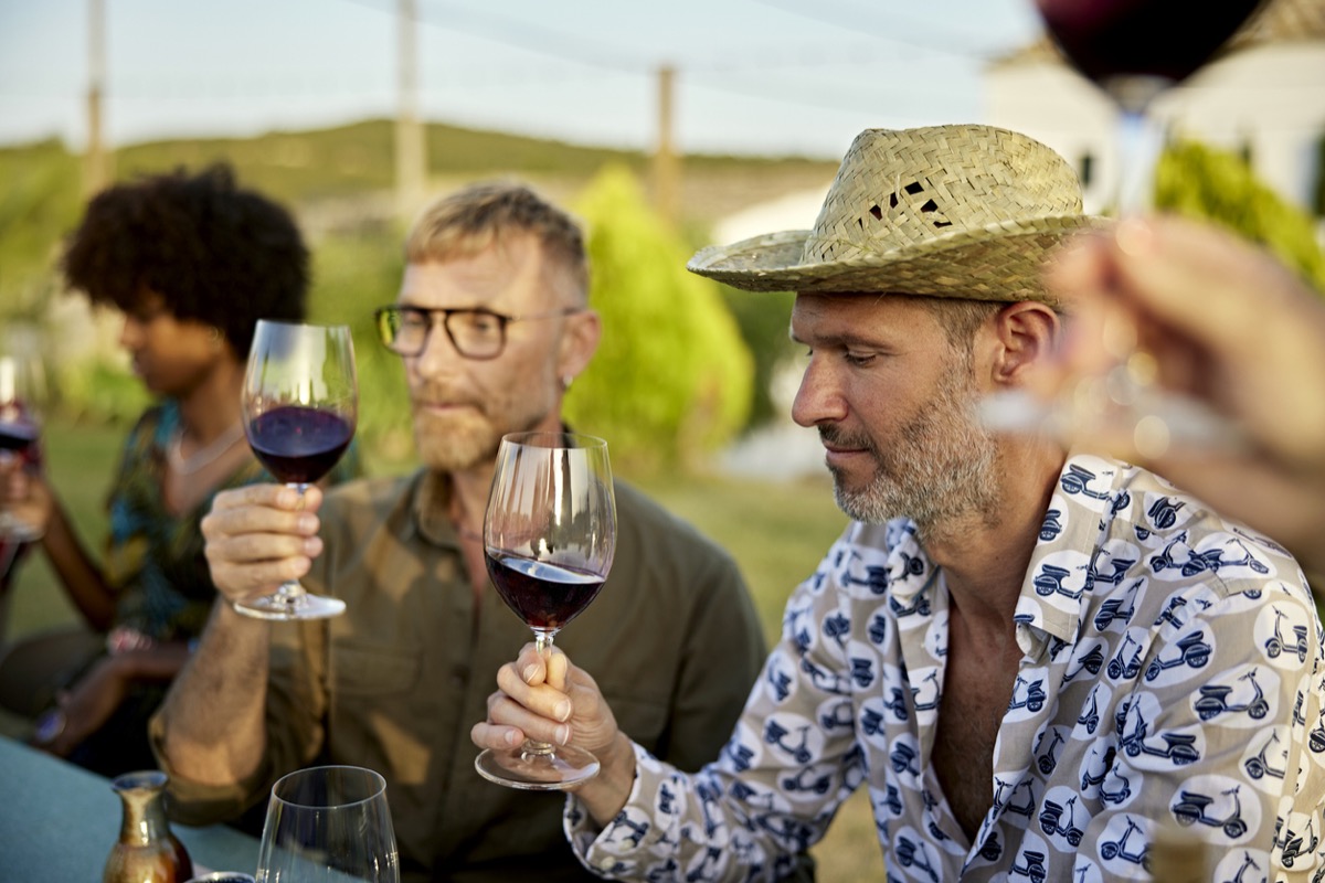 Waist-up view of men sitting at outdoor table in afternoon sunlight, holding glasses of red wine by the stem, and examining color and clarity.