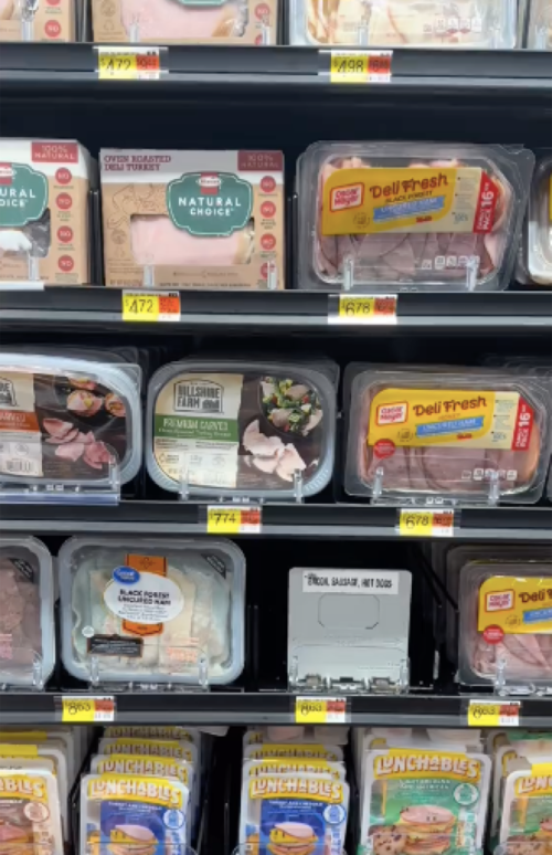 A TikTok showing a deli meat aisle in a Walmart store