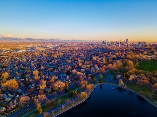 aerial view of a Denver, Colorado sunrise in the fall