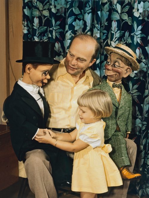 Edgar and Candice Bergen with Charlie McCarthy and another ventriloquist dummy circa 1950