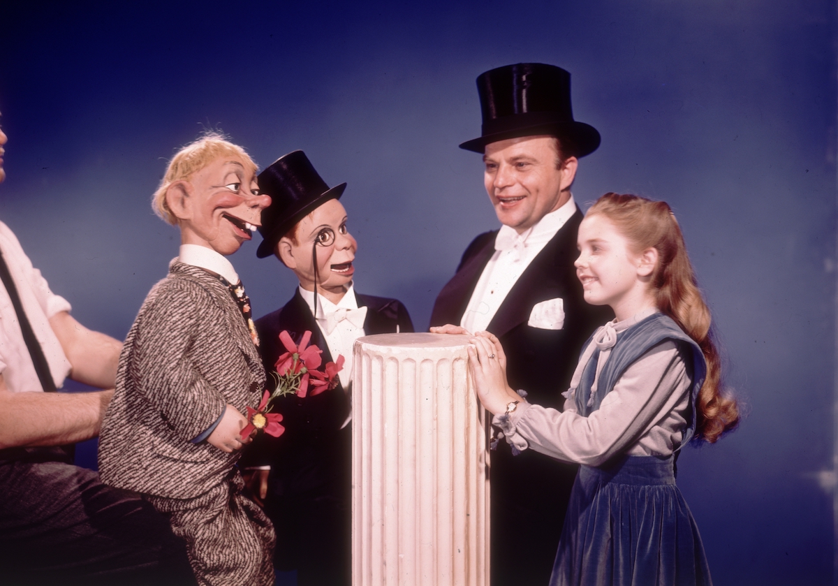 Edgar and Candice Bergen, Charlie McCarthy, and another ventriloquist dummy circa 1955