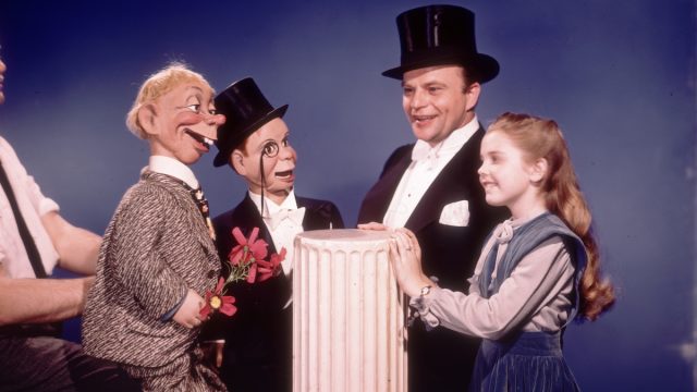 Edgar and Candice Bergen, Charlie McCarthy, and another ventriloquist dummy circa 1955
