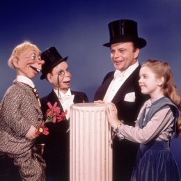 Edgar and Candice Bergen, Charlie McCarthy, and another ventriloquist dummy circa 1955
