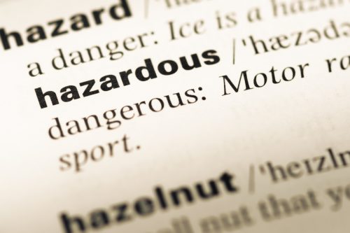 Close up of old English dictionary page with word hazardous