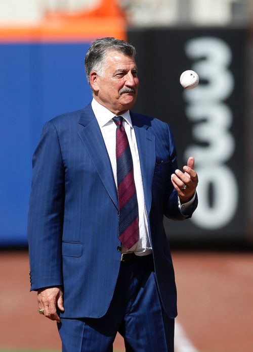Keith Hernandez preparing to throw the first pitch at a Mets game in July 2022