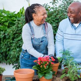 A mature man and woman outside gardening and laughing.