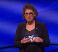 Mayim Bialik hosting "Jeopardy!" in March 2023