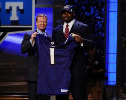 Roger Goodell and Michael Oher at the 2009 NFL Draft