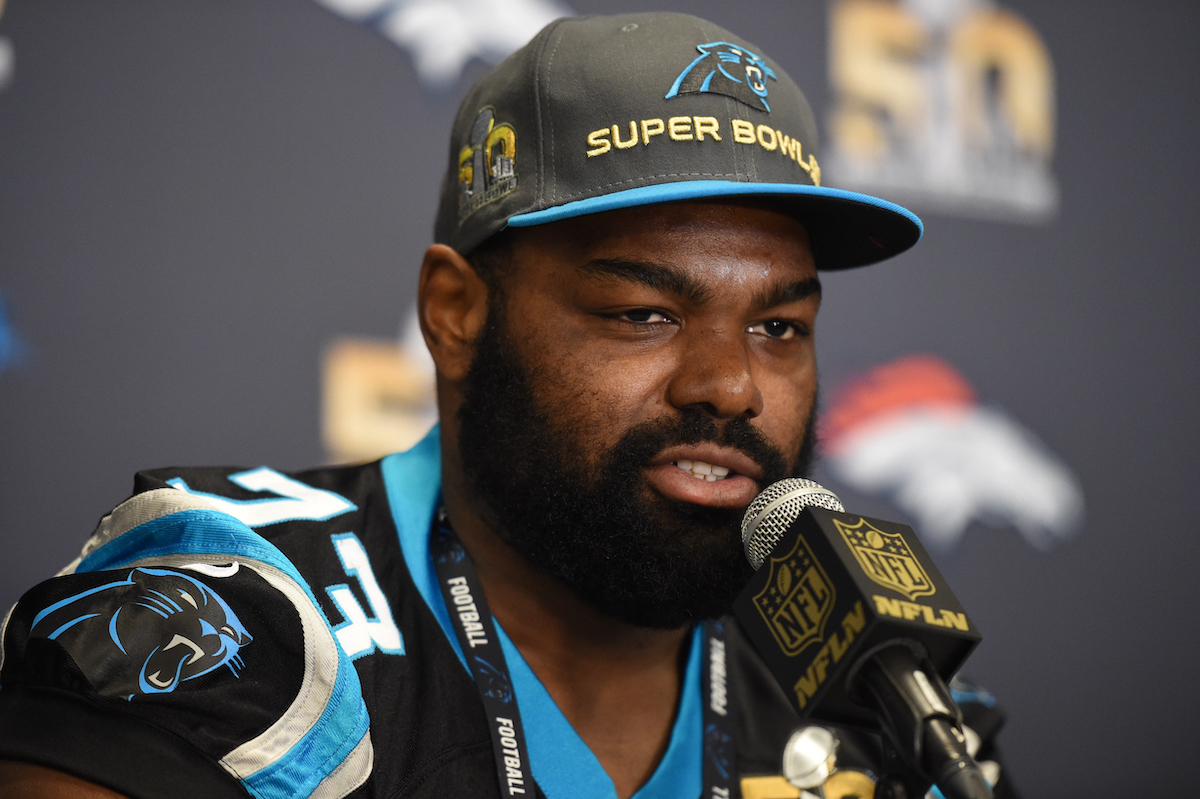 Michael Oher at a Carolina Panthers press conference for Super Bowl 50 in 2016