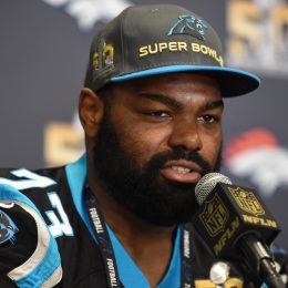 Michael Oher at a Carolina Panthers press conference for Super Bowl 50 in 2016