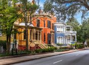 Stately mansions along Whitaker Street in historic Savannah, Georgia