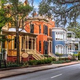 Stately mansions along Whitaker Street in historic Savannah, Georgia