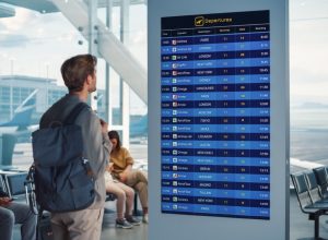 traveler looking at flight schedules
