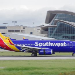 A Southwest Airlines plane landing at an airport