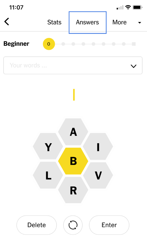 Screen showing the New York Times' game Spelling Bee