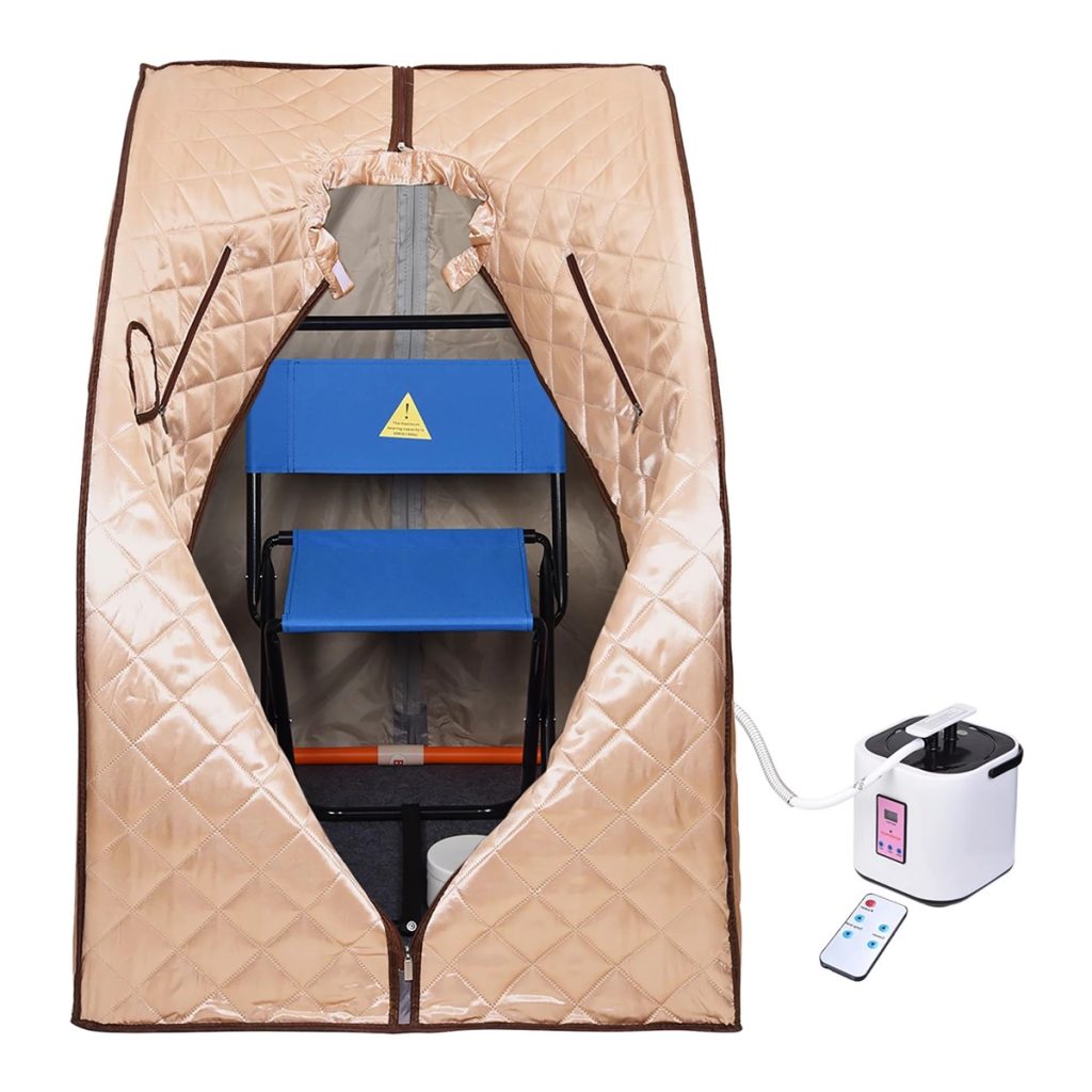 A Yescom portable at-home sauna in gold