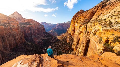 Woman sitting atop the red rocks in Zion National Park