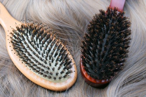Two boar bristle hairbrushes shown laying flat on a person's blonde hair