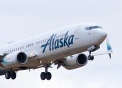 An Alaska Airlines jet landing