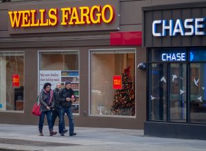 New York NY/USA-January 1, 2019 A Wells Fargo bank branch next to a branch of JP Morgan Chase in Greenwich Village in New York