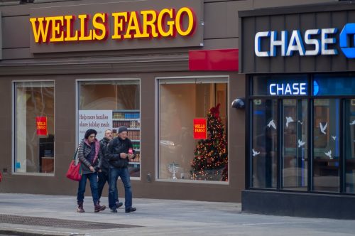 New York NY/USA-January 1, 2019 A Wells Fargo bank branch next to a branch of JP Morgan Chase in Greenwich Village in New York