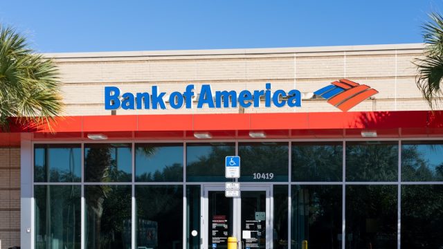 Orlando, FL, USA - January 29, 2022: Close up of Bank of America sign on the building. The Bank of America Corporation is an American multinational investment bank.