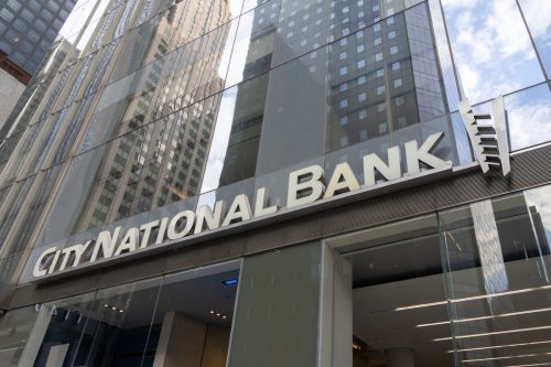 A City National Bank branch office on 6th Avenue in New York City, USA. City National Bank is a subsidiary of Royal Bank of Canada.