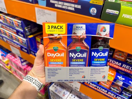3 bottle pack of DayQuil and NyQuil by Vicks. Severy Cold and Flu relief. Acetamenaphine as active medicinal ingredient.
