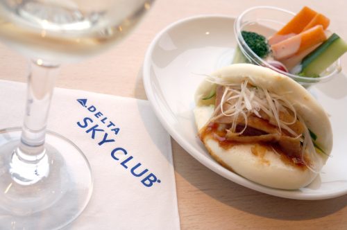 The meal and wine at Delta business class lounge in Narita Airport Terminal 1 on August 20, 2015. Delta airlines is the member of Skyteam alliance.