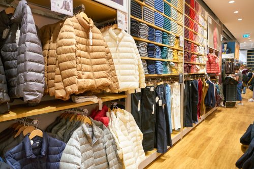Down jackets on display in a Uniqlo store.
