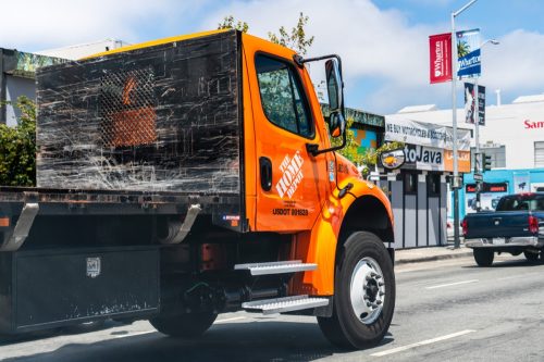 August 10, 2019 San Francisco / CA / USA - Home Depot branded truck driving through San Francisco