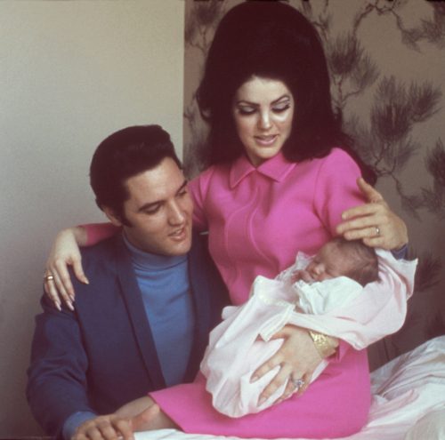Elvis and Priscilla Presley and their baby daughter Lisa Marie Presley in 1968