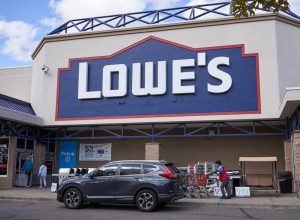 The entrance to a Lowe's Home Improvement Store in Tigard.