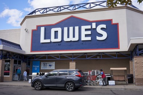 The entrance to a Lowe's Home Improvement Store in Tigard.