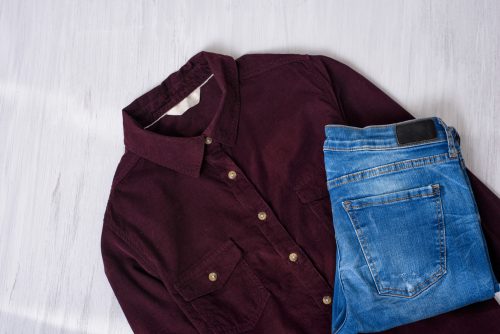Outfit with jeans and maroon corduroy button down shirt