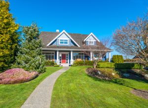 blue home with walkway through lawn