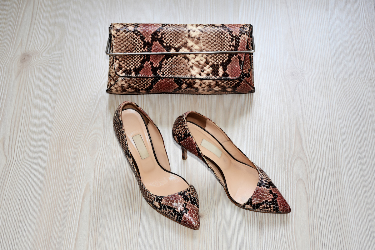 Snake skin or crocodile skin women shoes and purse on the wood background