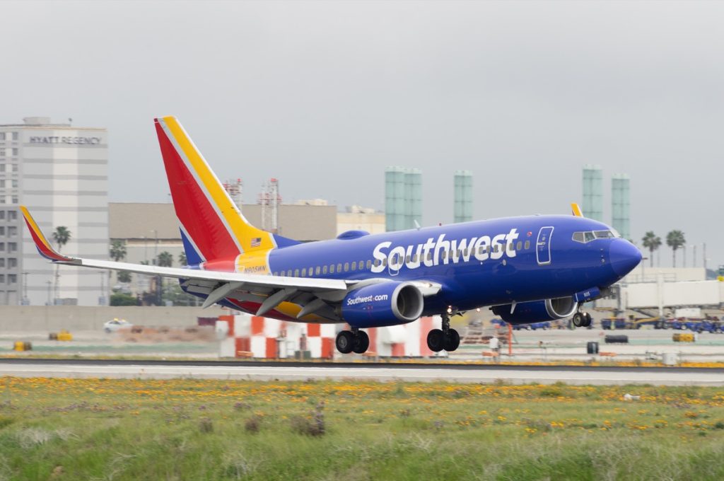 Southwest Airlines jet shown landing at LAX