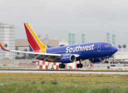 LOS ANGELES INTERNATIONAL AIRPORT, CA/USA - MARCH 7, 2018: Southwest Airlines jet shown landing at LAX.
