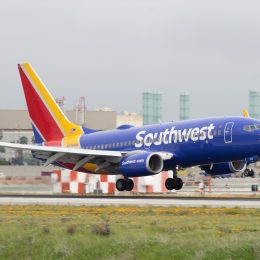 LOS ANGELES INTERNATIONAL AIRPORT, CA/USA - MARCH 7, 2018: Southwest Airlines jet shown landing at LAX.