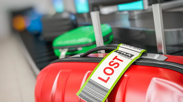 A close up of a piece of luggage with a LOST tag attached to it