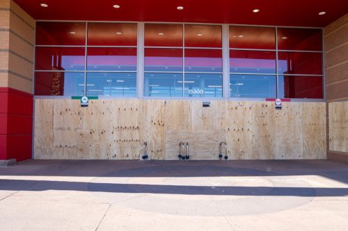 Maple Grove, Minnesota - May 29, 2020: A Target store is boarded up to prevent looting and riots due to the death of George Floyd by Minneapolis police department