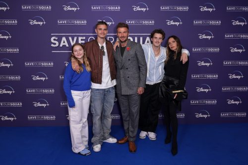 Harper, Romeo, David, Cruz, and Victoria Beckham at a screening of "Save Our Squad with David Beckham" in 2022